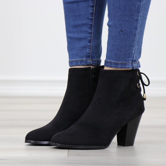 Black Pointed Toe Low Heel Ankle Boots Back Laces Booties Faux Suede - Picture 15 of 15
